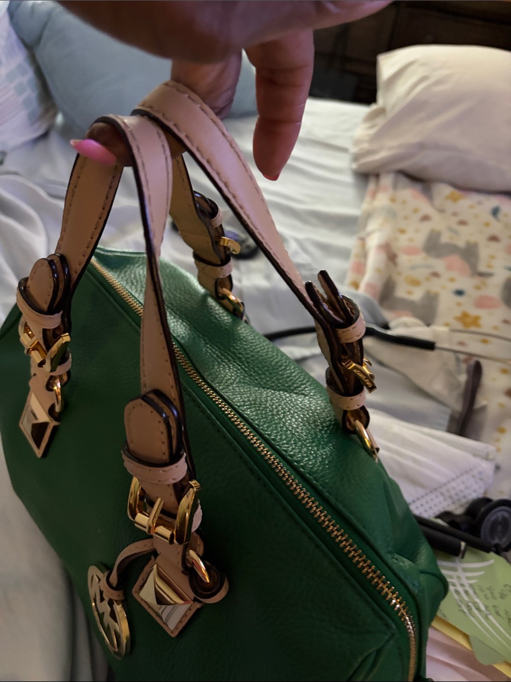 Michael Kors Green Leather Satchel with Beige Trim - Picture 6 of 15